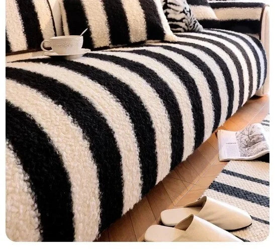 1PC Plush Sofa Mat Cover Lamb Wool Sofa Cushion White Stripes Couch Slipcover
