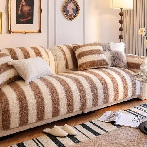 1PC Plush Sofa Mat Cover Lamb Wool Sofa Cushion White Stripes Couch Slipcover