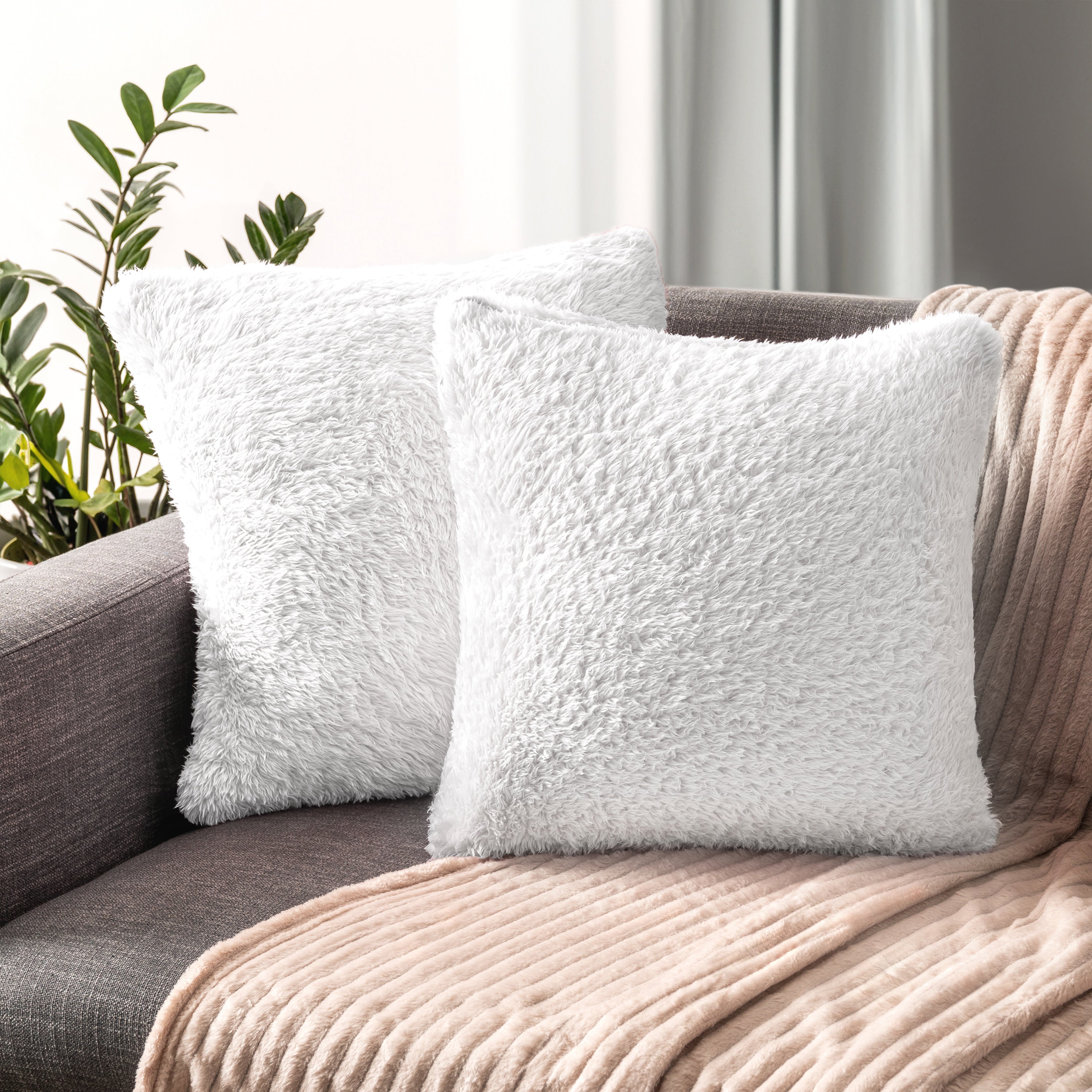Throw Pillow Covers Set of 2 Sofa Decor Fuzzy Cushion Cases 2 Sizes with Zipper