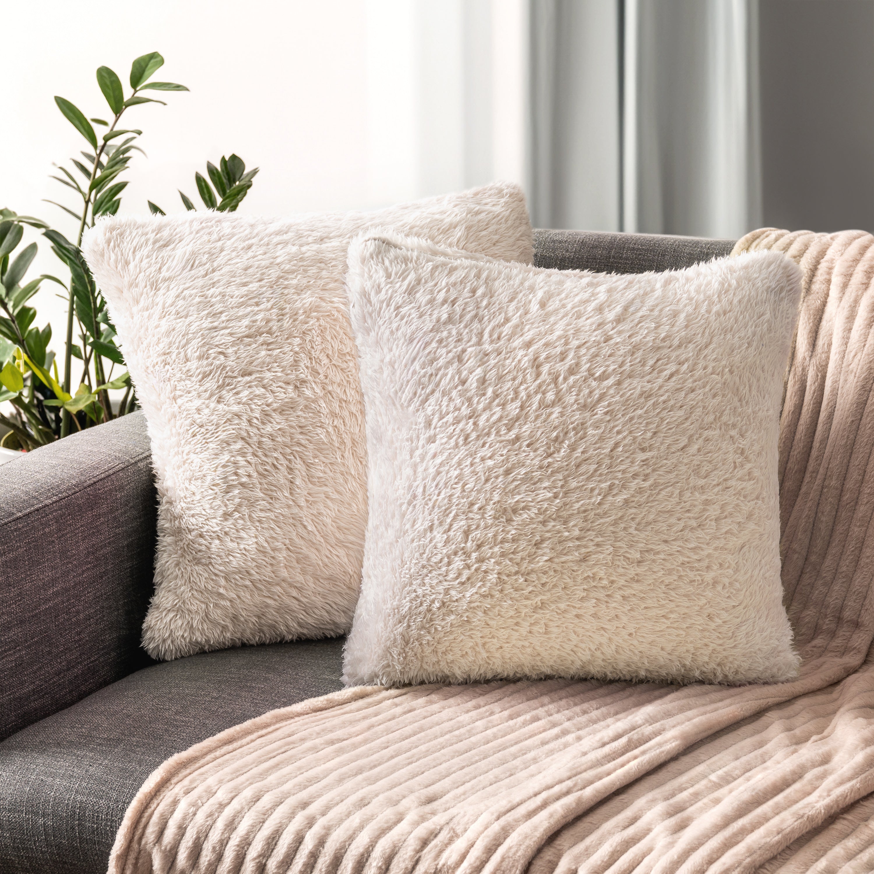 Throw Pillow Covers Set of 2 Sofa Decor Fuzzy Cushion Cases 2 Sizes with Zipper