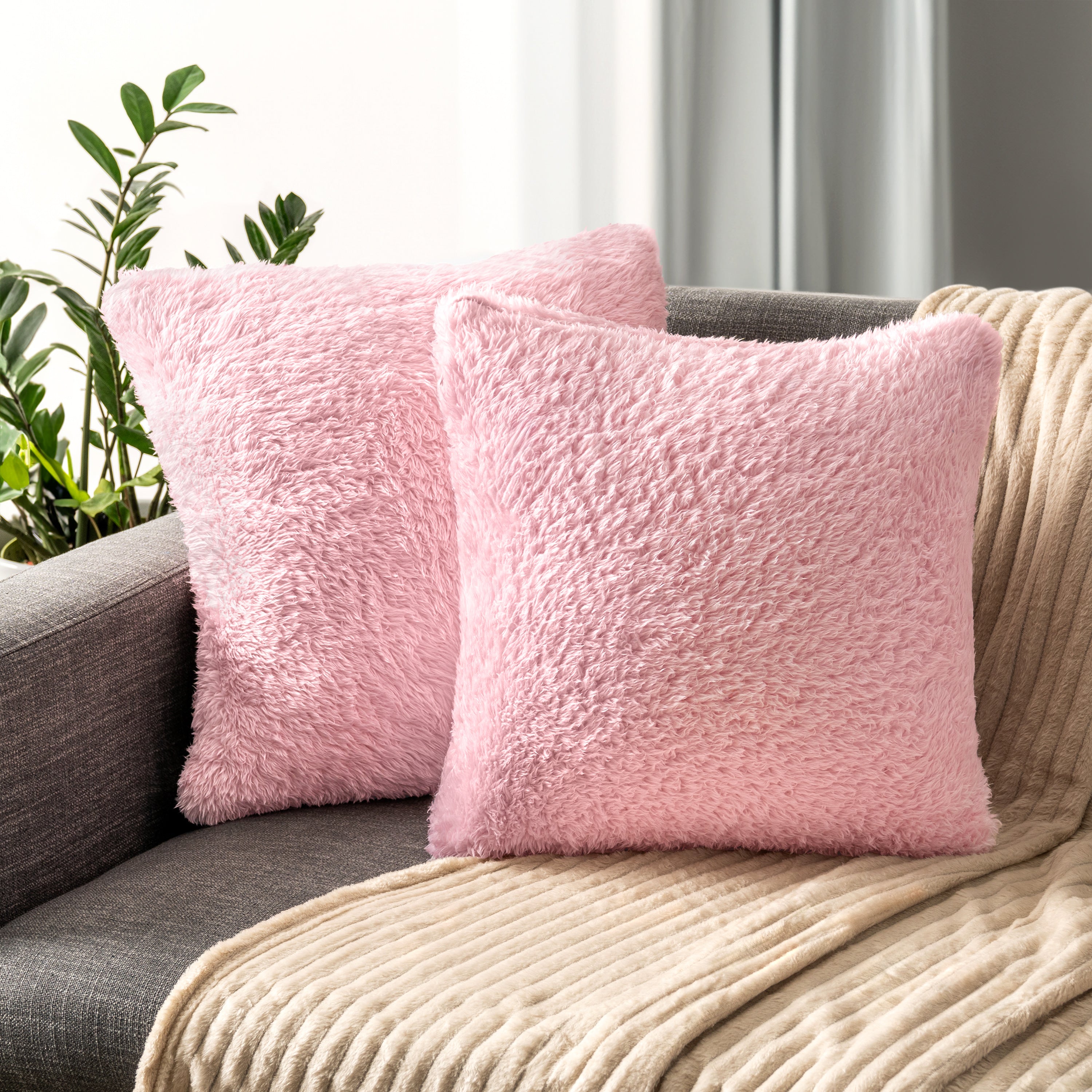 Throw Pillow Covers Set of 2 Sofa Decor Fuzzy Cushion Cases 2 Sizes with Zipper