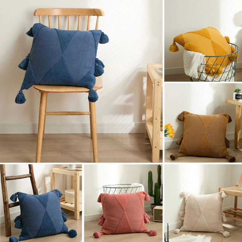 Knitted Cushion Cover Pom Pom Tassel Pillowcase Fringe Sofa Bed Throw Home Decor