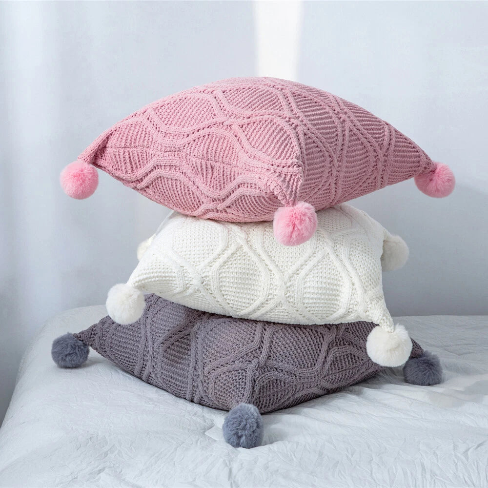 18" Knitted Pillow Case Sofa Bed Soft Pompom Ball Waist Throw Cushions Cover New