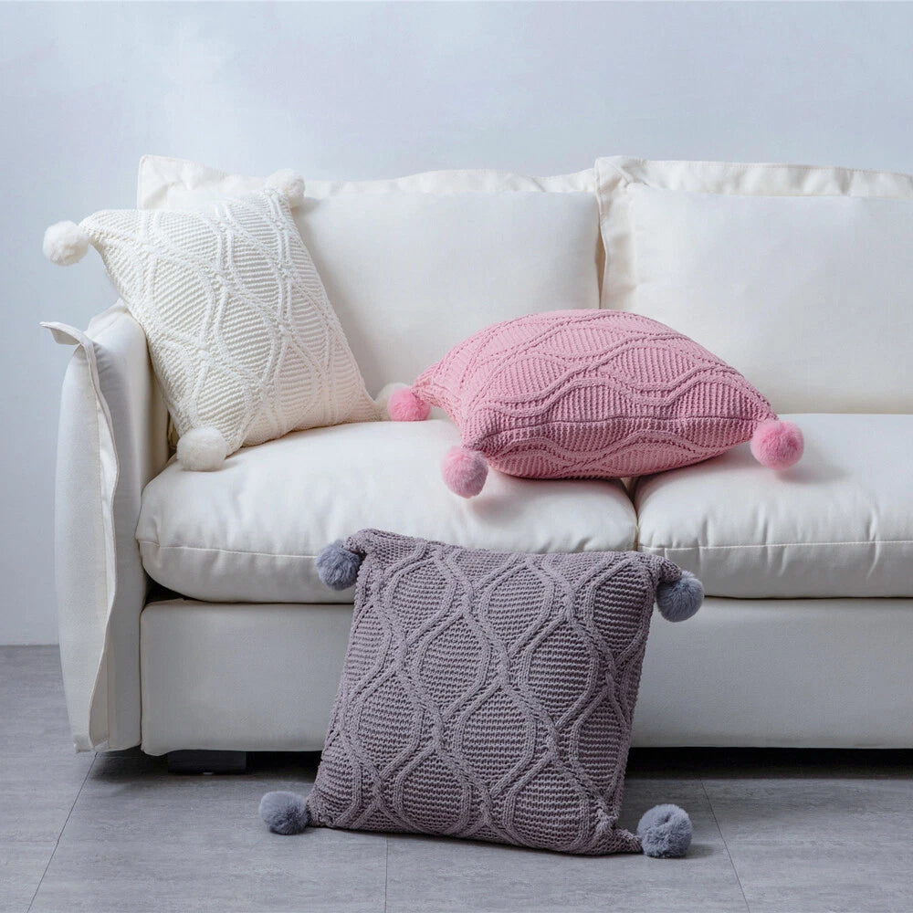 18" Knitted Pillow Case Sofa Bed Soft Pompom Ball Waist Throw Cushions Cover New
