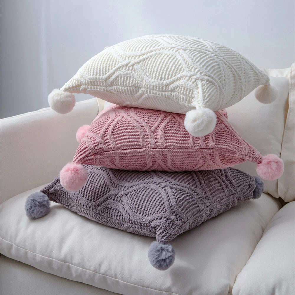 18" Knitted Pillow Case Sofa Bed Soft Pompom Ball Waist Throw Cushions Cover New