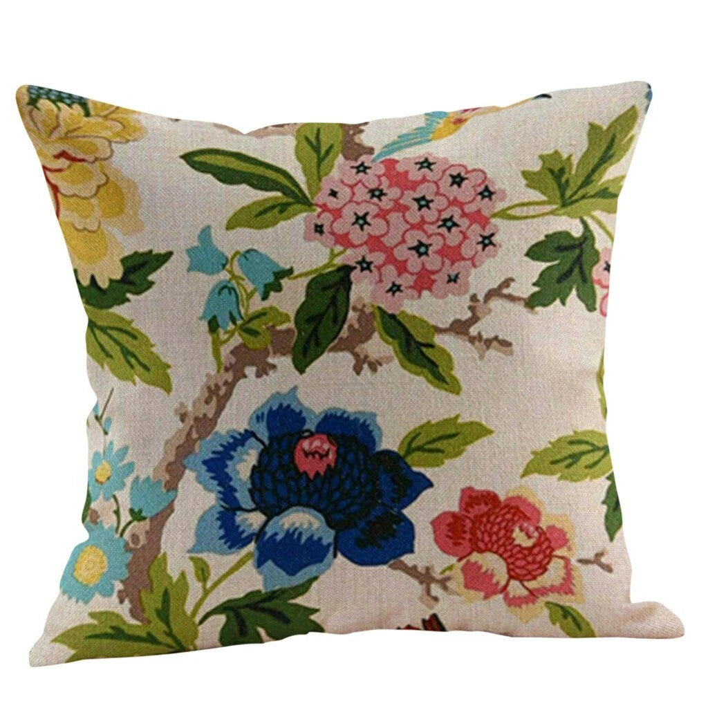Flower Cushion Cover Cotton Linen Vintage Printing Throw Pillow Case Sofa Bed