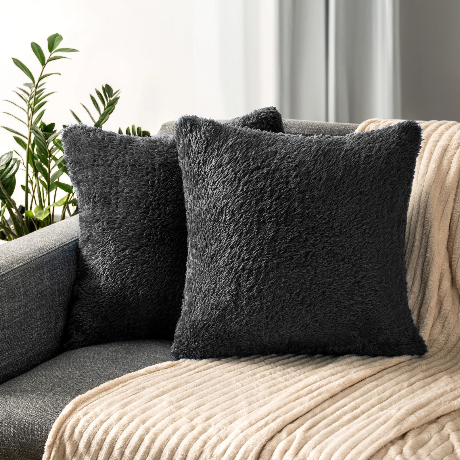 Throw Pillow Covers Set of 2 Sofa Decor Fuzzy Cushion Cases 2 Sizes with Zipper