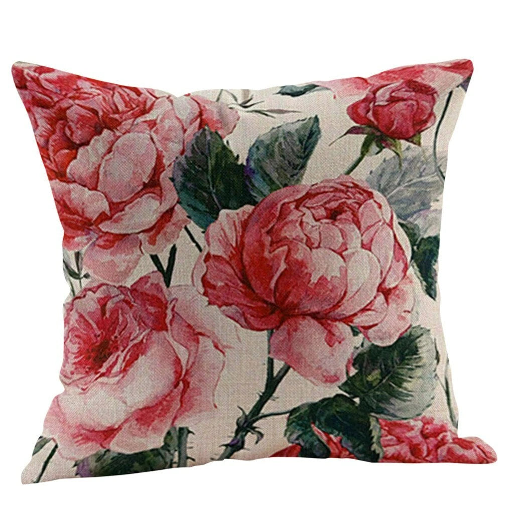 Flower Cushion Cover Cotton Linen Vintage Printing Throw Pillow Case Sofa Bed