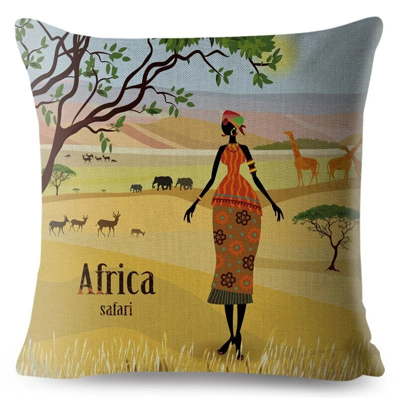 African Girl Style Design Linen Pillow Case Printed Car Cushion Cover Sofa Bed
