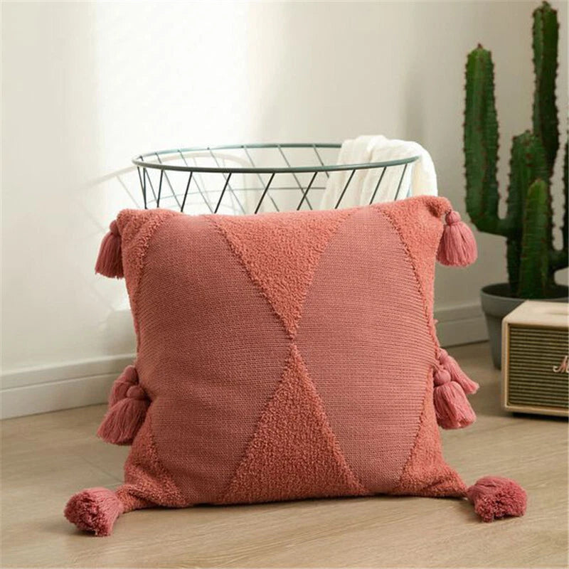 Knitted Cushion Cover Pom Pom Tassel Pillowcase Fringe Sofa Bed Throw Home Decor
