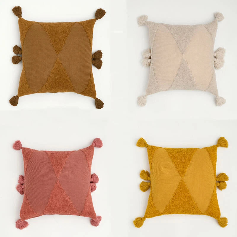 Knitted Cushion Cover Pom Pom Tassel Pillowcase Fringe Sofa Bed Throw Home Decor