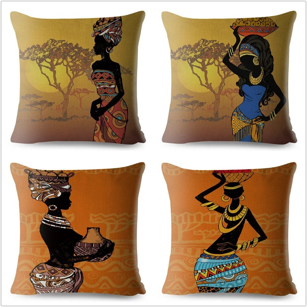 African Girl Style Design Linen Pillow Case Printed Car Cushion Cover Sofa Bed