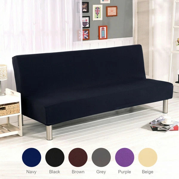 Armless Sofa Bed Cover Stretch Slipcover Solid Protector Spandex Plush Trim