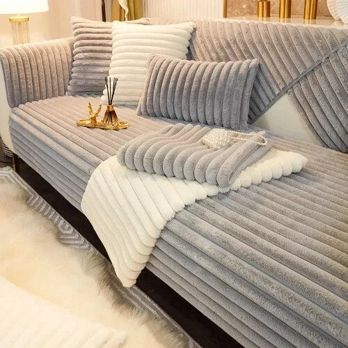 Rabbit Plush Quilted Sofa Towel Winter Warm Thick Plush Couch Cover L-shaped