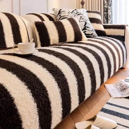 1PC Plush Sofa Mat Cover Lamb Wool Sofa Cushion White Stripes Couch Slipcover
