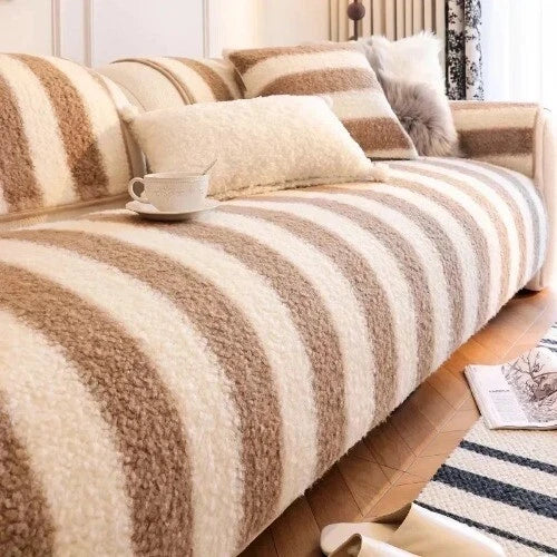 1PC Plush Sofa Mat Cover Lamb Wool Sofa Cushion White Stripes Couch Slipcover