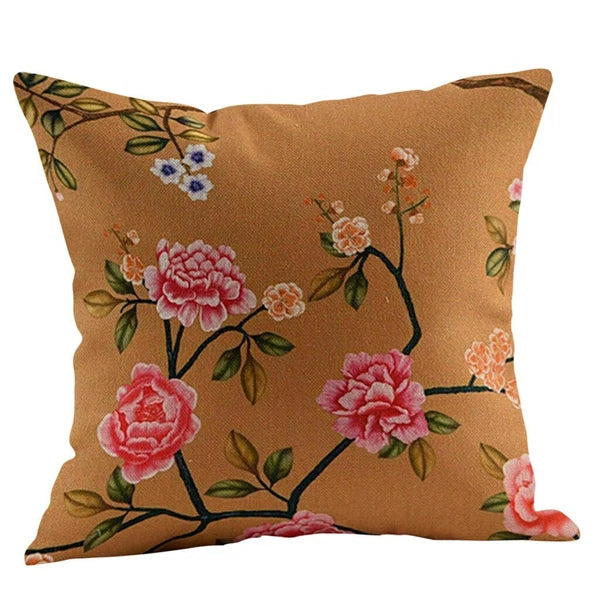 Flower Cushion Cover Cotton Linen Vintage Printing Throw Pillow Case Sofa Bed