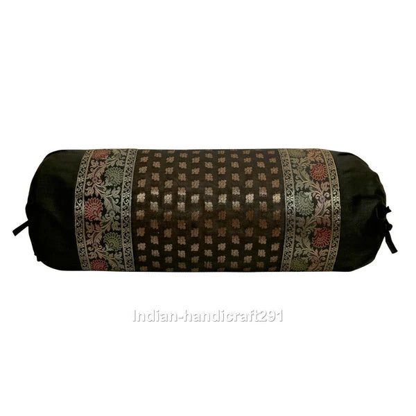 Indien Brocade Silk Round Bed Sofa Neck Bolster Cushion Cover Set Pillowcase